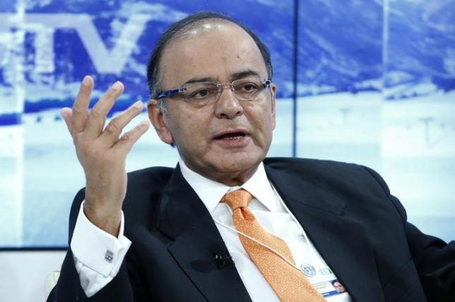 Finance Minister Arun Jaitley gestures during the session 'India's Next Decade' in the Swiss mountain resort of Davos January 23, 2015. REUTERS/Ruben Sprich