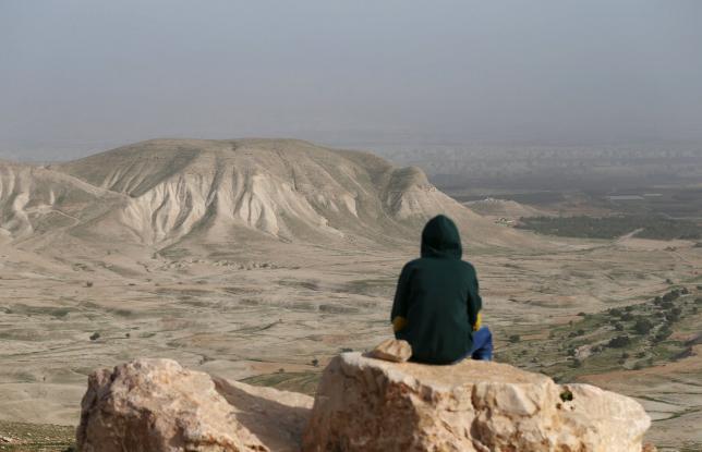 A Palestinian man sits on a rock at Jordan Valley near the West Bank city of Jericho January 21, 2016.  REUTERS/Mohamad Torokman