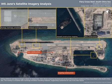 The runway at the Fiery Cross Reef, one of three China was constructing on artificial islands built up from seven reefs and atolls in the Spratlys archipelago, is shown in this IHS Jane's Satellite Imagery Analysis handout image released on January 4, 2016. REUTERS/CNES 2015. Distribution Airbus DS / IHS: 1640203/Handout via Reuters