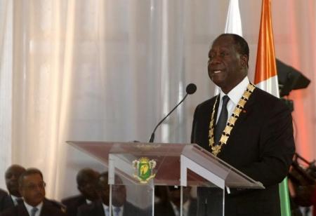 Ivory Coast President Alassane Ouattara speaks during his inauguration ceremony at the Presidential Palace in Abidjan, Ivory Coast, November 3, 2015   REUTERS/Luc Gnago