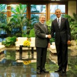 U.S. President Barack Obama and Cuba's President Raul Castro shake hands during their first meeting on the second day of Obama's visit to Cuba, in Havana March 21, 2016.  REUTERS/Jonathan Ernst