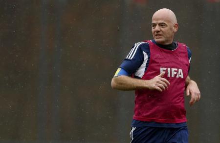 New FIFA President Gianni Infantino plays a friendly football match at FIFA headquarters in Zurich, Switzerland February 29, 2016. Infantino celebrated his first day in office by organising a soccer match for employees and guests. REUTERS/Arnd Wiegmann