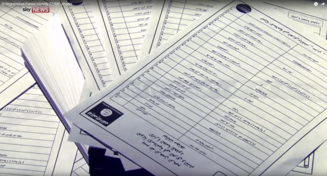 Documents identifying supporters of Islamic State are seen in this still image from video, released by Sky News to Reuters in London on March 10, 2016. REUTERS/Sky News/Handout via Reuters