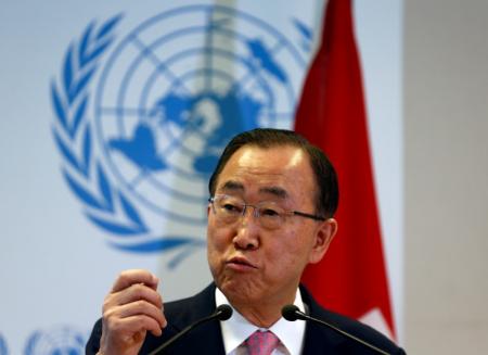 U.N. Secretary-General Ban Ki-moon gestures during a news conference at the Conference on the Prevention of Violent Extremism at the United Nations in Geneva, Switzerland, April 8, 2016.   REUTERS/Denis Balibouse