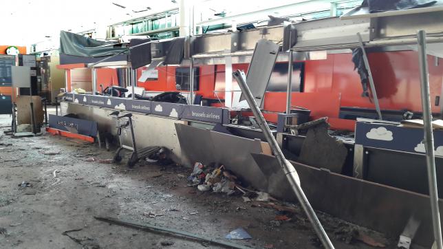 Damage is seen inside the departure terminal following the March 22, 2016 bombing at Zaventem Airport, in these undated photos made available to Reuters by the Belgian newspaper Het Nieuwsblad, in Brussels, Belgium, March 29, 2016.      Het Nieuwsblad via REUTERS