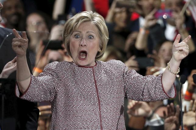 Hillary Clinton reacts to the cheers of the crowd at her New York presidential primary night rally in Manhattan. REUTERS/Mike Segar