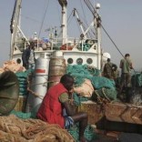 A crew member sits on a fishing net as Sierra Leonean security forces guard the Marampa 803, a vessel apprehended for alleged illegal fishing activities, that has been moored off the West African country's capital Freetown January 21, 2012.     REUTERS/Simon Akam