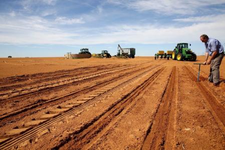 A farmer inspects the soil ahead of planting at a maize field in Wesselsbron, a small maize farming town in the Free State province of South Africa, January 13, 2016. REUTERS/Siphiwe Sibeko/File Photo