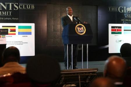 Ugandan President Yoweri Museveni addresses an audience during the second day of the Giant Club Summit of African leaders and others on tackling poaching of elephants and rhinos at the Fairmont Mount Kenya Safari Club in Nanyuki, Laikipia county, Kenya, April 29, 2016. REUTERS/Siegfried Modola