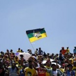 Supporters of the African National Congress (ANC) wave a party flag during the party's 104th anniversary celebrations in Rustenburg, South Africa January 9, 2016. REUTERS/Siphiwe Sibeko