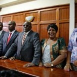 Kenyan politicians Aisha Jumwa, Florence Mutua, Johnstone Muthama, Junet Mohammed, Timothy Bosire, Ferdinand Waititu, Moses Kuria and Kimani Ngunjiri stand in the dock at the Milimani Law Courts over alleged "hate speech", flagging growing tension in Kenya's capital Nairobi, June 14, 2016. REUTERS/Thomas Mukoya