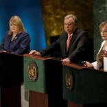 Former Croatian Foreign Minister Vesna Pusic (R) speaks during a debate in the United Nations General Assembly between candidates vying to be the next U.N. Secretary General at U.N. headquarters in Manhattan, New York, U.S., July 12, 2016. At left are Argentine Foreign Minister Susana Malcorra and former U.N. High Commissioner for Refugees Antonio Guterres.  REUTERS/Mike Segar