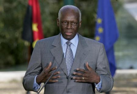 Angola's President Jose Eduardo dos Santos talks to journalists after a signature agreement ceremony held at Sao Bento Palace in Lisbon,  file.   REUTERS/Hugo Correia