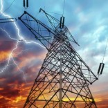 Dramatic Image of Power Distribution Station with Lightning Striking Electricity Towers