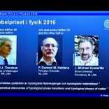 A screen showing pictures of the winners of the 2016 Nobel Prize for Physics during a news conference by the Royal Swedish Academy of Sciences in Stockholm, Sweden October 4, 2016. From left: David Thouless, Duncan Haldane and Michael Kosterlitz.   TT News Agency/Anders Wiklund/via REUTERS