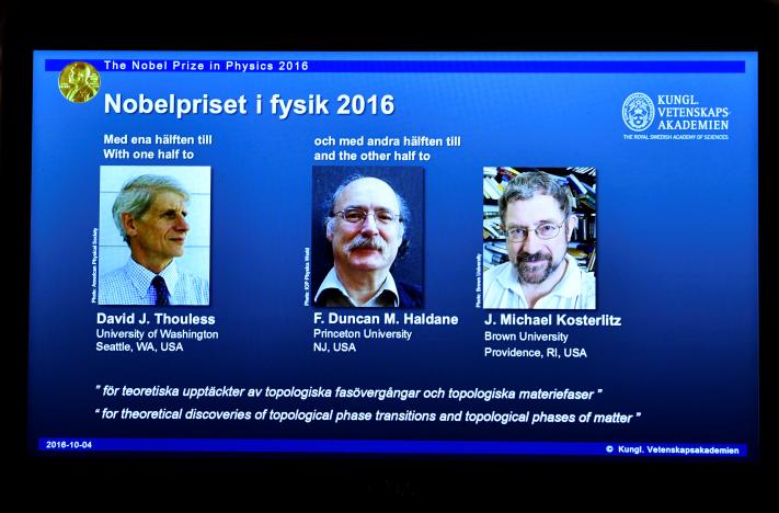 A screen showing pictures of the winners of the 2016 Nobel Prize for Physics during a news conference by the Royal Swedish Academy of Sciences in Stockholm, Sweden October 4, 2016. From left: David Thouless, Duncan Haldane and Michael Kosterlitz.   TT News Agency/Anders Wiklund/via REUTERS