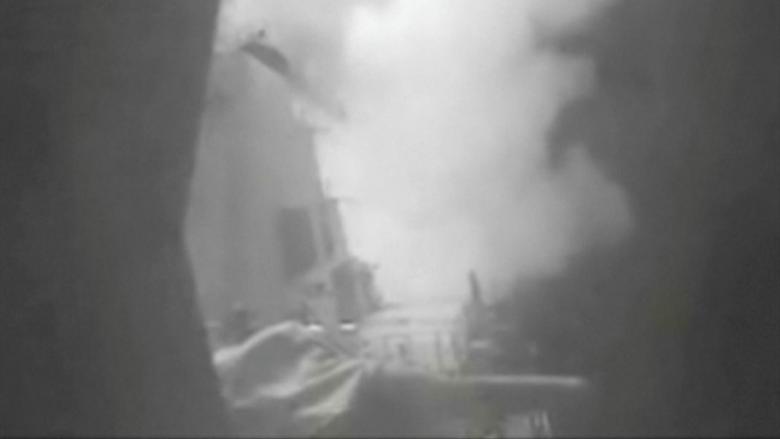 A still image from video released October 13, 2016 shows U.S. military launching cruise missile strikes from U.S. Navy destroyer USS Nitze to knock out three coastal radar sites in areas of Yemen controlled by Houthi forces.     REUTERS/DIVIDS via Reuters TV