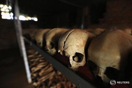 Preserved skulls are spread out on a metal shelf in a Catholic church in Nyamata April 9, 2014.    REUTERS/Noor Khamis
