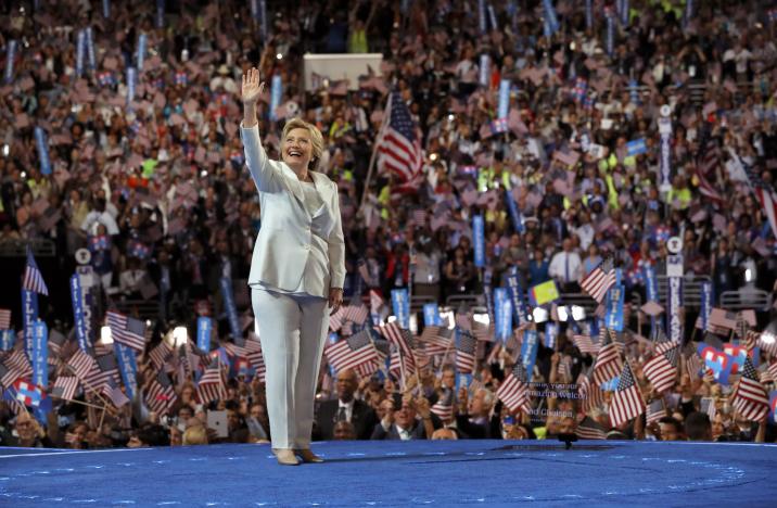 Democratic U.S. presidential nominee Hillary Clinton waves as she arrives to accept the nomination on the fourth and final night at the Democratic National Convention in Philadelphia, Pennsylvania, U.S. July 28, 2016.   REUTERS/Brian Snyder/File Photo