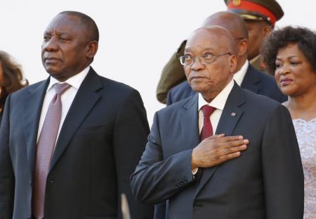 South Africa's Deputy President Cyril Ramaphosa and President Jacob Zuma stand during the playing of the national anthem at the opening of Parliament in Cape Town, in this February 11, 2016. REUTERS/Mike Hutchings