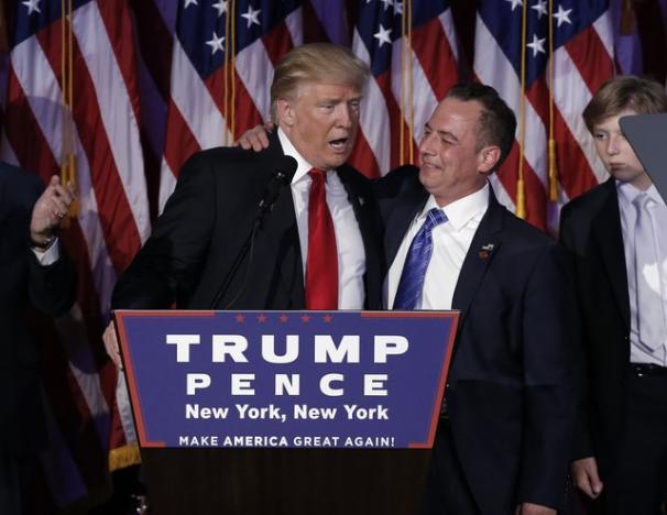 U.S. President-elect Donald Trump and Chairman of the Republican National Committee Reince Priebus address supporters during his election night rally in Manhattan, New York, U.S., November 9, 2016.  REUTERS/Mike Segar