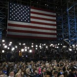 A U.S. flag is seen at the election night rally for U.S. Democratic presidential nominee Hillary Clinton at the Jacob K. Javits Convention Center in Manhattan, New York, U.S., on November 8, 2016.      REUTERS/Lucas Jackson