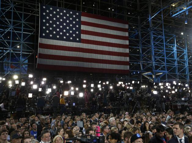 A U.S. flag is seen at the election night rally for U.S. Democratic presidential nominee Hillary Clinton at the Jacob K. Javits Convention Center in Manhattan, New York, U.S., on November 8, 2016.      REUTERS/Lucas Jackson