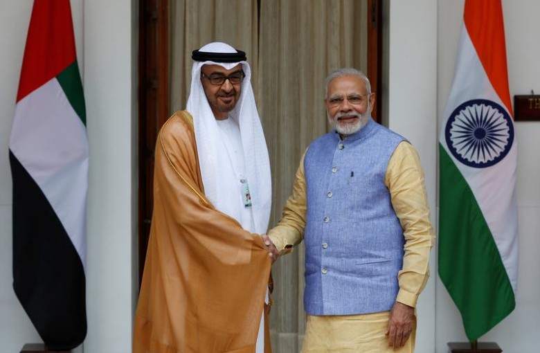Sheikh Mohammed bin Zayed al-Nahyan, Crown Prince of Abu Dhabi and UAE's deputy commander-in-chief of the armed forces shakes hands with India's Prime Minister Narendra Modi (R) during a photo opportunity ahead of their meeting at Hyderabad House in New Delhi, India, January 25, 2017. REUTERS/Adnan Abidi