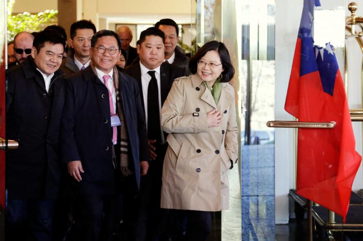 Taiwan President Tsai Ing-wen exits at the Omni Houston Hotel during a "transit stop" enroute to Central America, in Houston, Texas, U.S., January 7, 2017.  REUTERS/James Nielsen