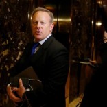 Chief Strategist & Communications Director for the Republican National Committee Sean Spicer arrives in the lobby of Republican president-elect Donald Trump's Trump Tower in New York, New York, U.S. November 14, 2016.  REUTERS/Carlo Allegri
