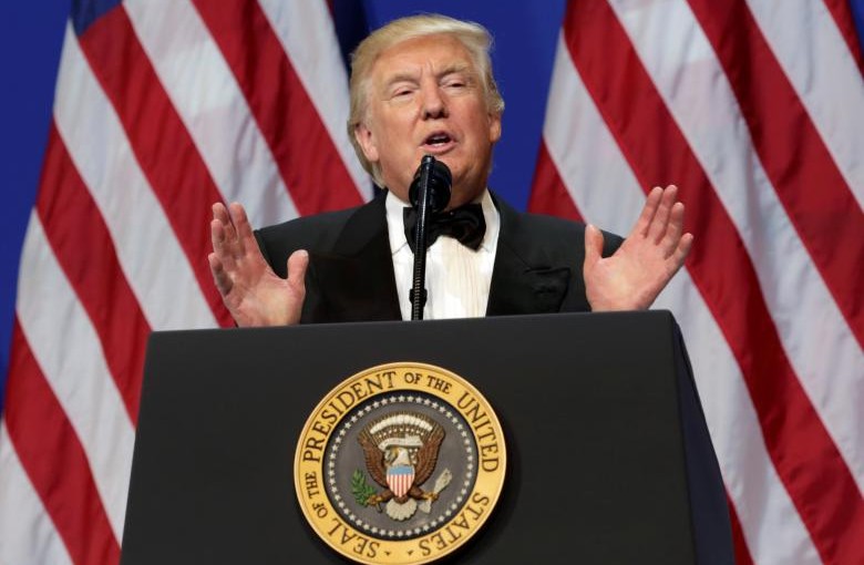 U.S. President Donald Trump speaks at the Armed Services Ball in Washington, U.S., January 20, 2017. REUTERS/Yuri Gripas
