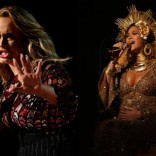 A combination photo shows Adele (L) singing "Hello" and Beyonce performing at the 59th Annual Grammy Awards in Los Angeles, California, ebruary 12, 2017. REUTERS/Lucy Nicholson