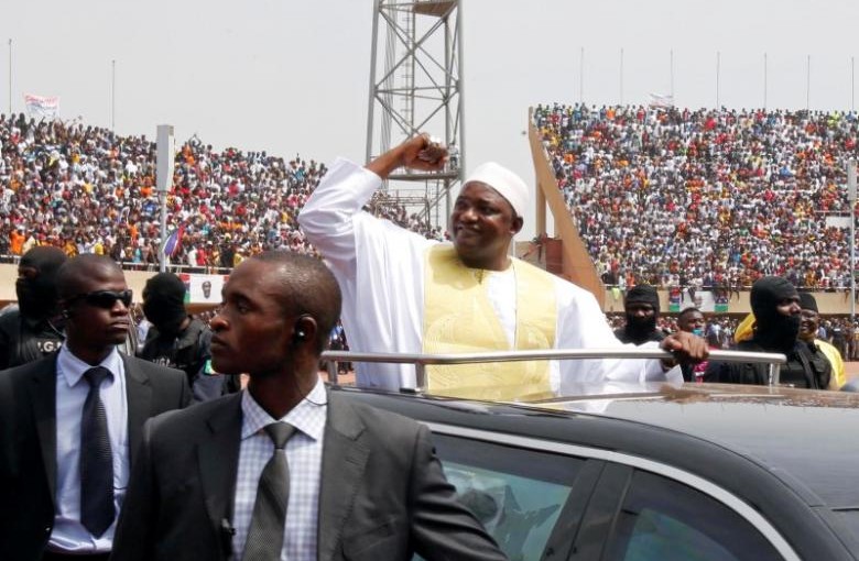 FILE PHOTO: Gambian President Adama Barrow arrives for the swearing-in ceremony and the Gambia's Independence Day at the Independence Stadium, in Bakau, Gambia February 18, 2017. REUTERS/Thierry Gouegnon/File Photo