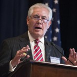 FILE - In this Friday, March 27, 2015 file photo, ExxonMobil CEO Rex Tillerson delivers remarks on the release of a report by the National Petroleum Council on oil drilling in the Arctic, in Washington. On Saturday, Dec. 10, 2016, President-elect Donald Trump moved closer to nominating Tillerson as his secretary of state, meeting privately with the business leader for the second time in a week. (AP Photo/Evan Vucci, File)