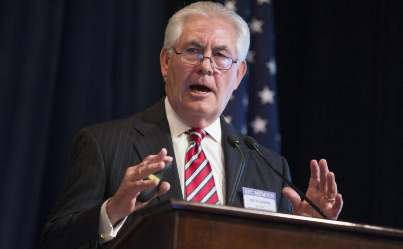 FILE - In this Friday, March 27, 2015 file photo, ExxonMobil CEO Rex Tillerson delivers remarks on the release of a report by the National Petroleum Council on oil drilling in the Arctic, in Washington. On Saturday, Dec. 10, 2016, President-elect Donald Trump moved closer to nominating Tillerson as his secretary of state, meeting privately with the business leader for the second time in a week. (AP Photo/Evan Vucci, File)