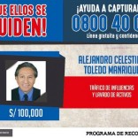 An international arrest warrant issued by Peru's Interior Ministry, offering 100,000 Peruvian soles ($31,000) for information on the whereabouts of former president Alejandro Toledo, is seen in Lima, Peru. Picture provided to Reuters on February 10, 2017. Peruvian Police/Handout via Reuters