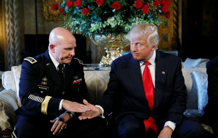 U.S. President Donald Trump shakes hands with his new National Security Adviser Army Lt. Gen. H.R. McMaster after making the announcement at his Mar-a-Lago estate in Palm Beach, Florida U.S. February 20, 2017.  REUTERS/Kevin Lamarque