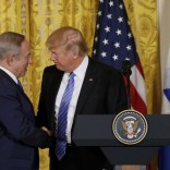 U.S. President Donald Trump (R) greets Israeli Prime Minister Benjamin Netanyahu at a joint news conference at the White House in Washington, U.S., February 15, 2017.   REUTERS/Kevin Lamarque