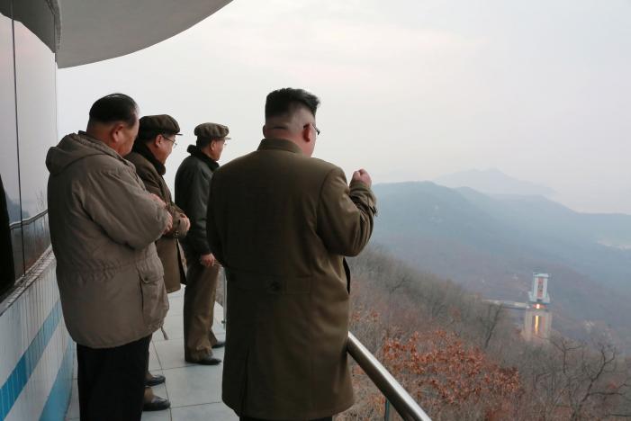 North Korean leader Kim Jong Un watched the ground jet test of a Korean-style high-thrust engine newly developed by the Academy of the National Defence Science in this undated picture provided by KCNA in Pyongyang on March 19, 2017. KCNA/via Reuters