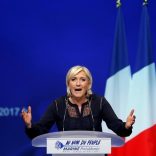 FILE PHOTO: Marine Le Pen, French National Front (FN) political party leader and candidate for French 2017 presidential election, addresses supporters during a political rally in Metz, France, March 18, 2017. REUTERS/Vincent Kessler