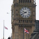 Flags fly at half-mast over the Houses of Parliament. REUTERS/Neil Hall