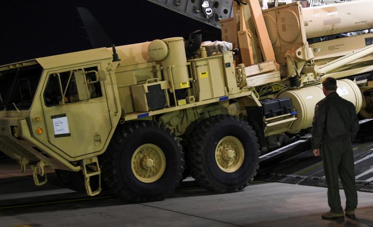 A Terminal High Altitude Area Defense (THAAD) interceptor arrives at Osan Air Base in Pyeongtaek, South Korea, in this handout picture provided by the United States Forces Korea (USFK) and released by Yonhap on March 7, 2017. USFK/Yonhap via REUTERS