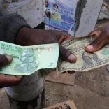 Illegal money changers pose while exchanging a new Zimbabwe bond note (L) and U.S. dollar notes in the capital Harare, Zimbabwe, November 28, 2016. REUTERS/Philimon Bulawayo