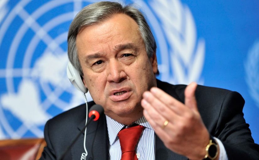 Antonio Guterres, United Nations High Commissioner for Refugees speaks during a press conference at the Launch of the Regional Flash Appeal Following recent events in Libyan Arab Jamahiri