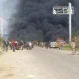 Still image shows a cloud of black smoke rising from vehicles in the distance in what is said to be Aleppo's outskirts, Syria April 15, 2017.  Social Media Website via Reuters TV