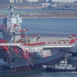 China's first domestically built aircraft carrier is seen during its launching ceremony in Dalian, Liaoning province, China, April 26, 2017. REUTERS/Stringer