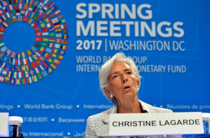 IMF Managing Director Christine Lagarde makes remarks during a press briefing to open the IMF and World Bank's 2017 Annual Spring Meetings, in Washington, U.S., April 20, 2017.   REUTERS/Mike Theiler