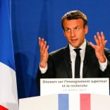 Emmanuel Macron, head of the political movement En Marche !, or Onwards !, and candidate for the 2017 French presidential election, delivers a speech during a visit at the INRIA in Montbonnot-Saint-Martin, near Grenoble, France, April 14, 2017. REUTERS/Robert Pratta