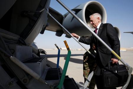 U.S. Defense Secretary James Mattis boards a U.S. Air Force C-17 for a day trip to a U.S. military base in Djibouti from Doha, Qatar April 23, 2017. REUTERS/Jonathan Ernst