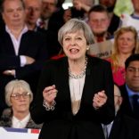 Britain's Prime Minister Theresa May delivers a speech to Conservative Party members to launch their election campaign in Walmsley Parish Hall, Bolton, Britain April 19, 2017. REUTERS/Andrew Yates